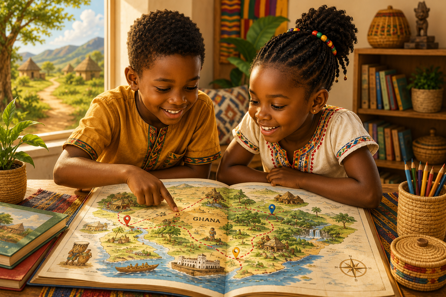 Two children leaning over a big illustrated map book of Ghana, pointing at places to explore together